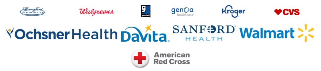 CVS Logo, Walmart Logo, Walgreens Logo, American Red Cross Logo, Kroger Logo, Sanford Health Logo, Ochsner Health Logo, Davita Logo