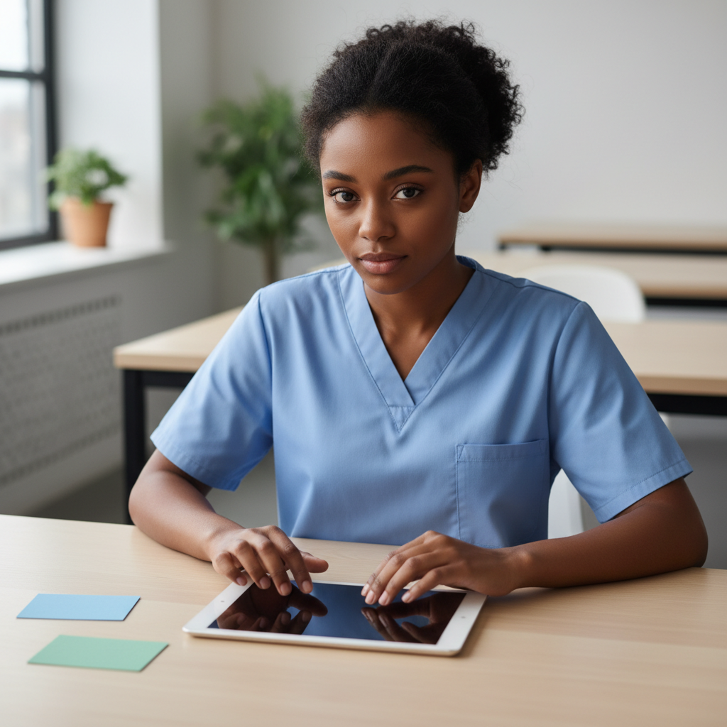 How to Register for the NHA Exam: Candidate Checklist Before Scheduling — editorial hero Healthcare learner studying in a bright workspace with blank, unmarked materials related to how to register for nha exam.