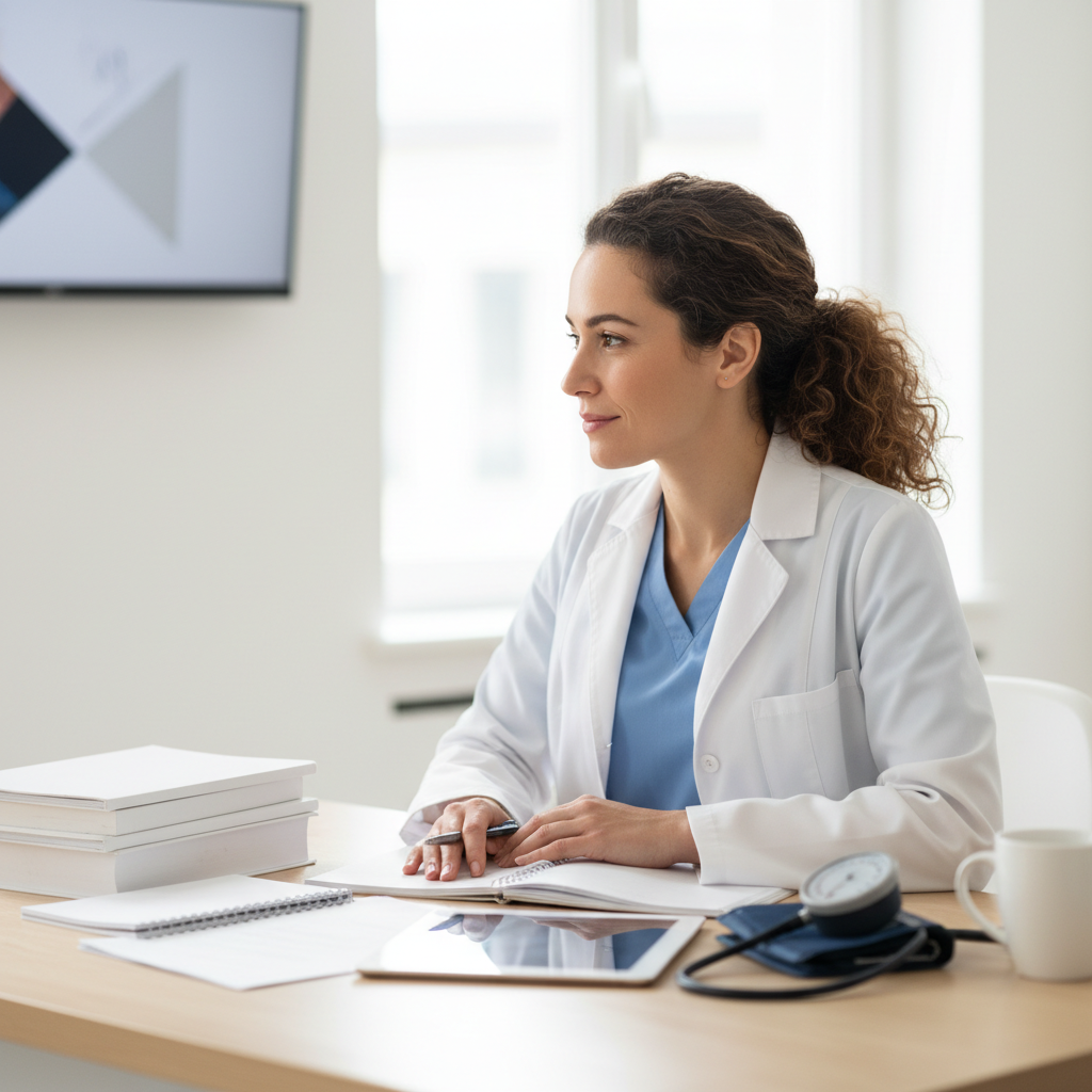 Medical Assistant Certification Cost: Tuition, Exam, Materials, and Renewal — editorial hero Healthcare learner studying in a bright workspace with blank, unmarked materials related to medical assistant certification cost.