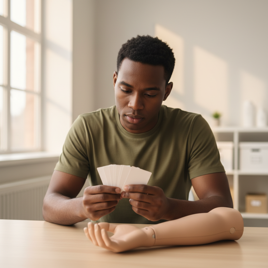 Healthcare learner studying in a bright workspace with blank, unmarked materials related to cpt certification cost.
