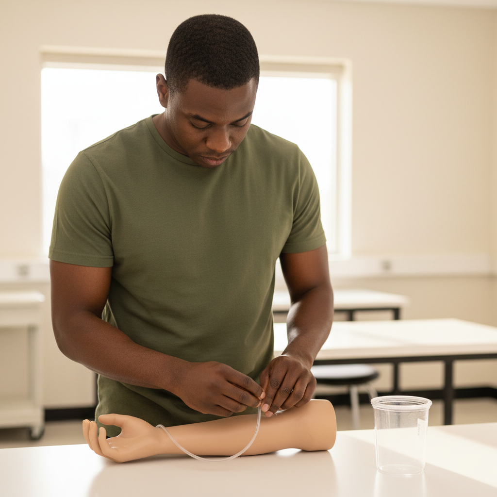Healthcare learner studying in a bright workspace with blank, unmarked materials related to nha phlebotomy exam cost.