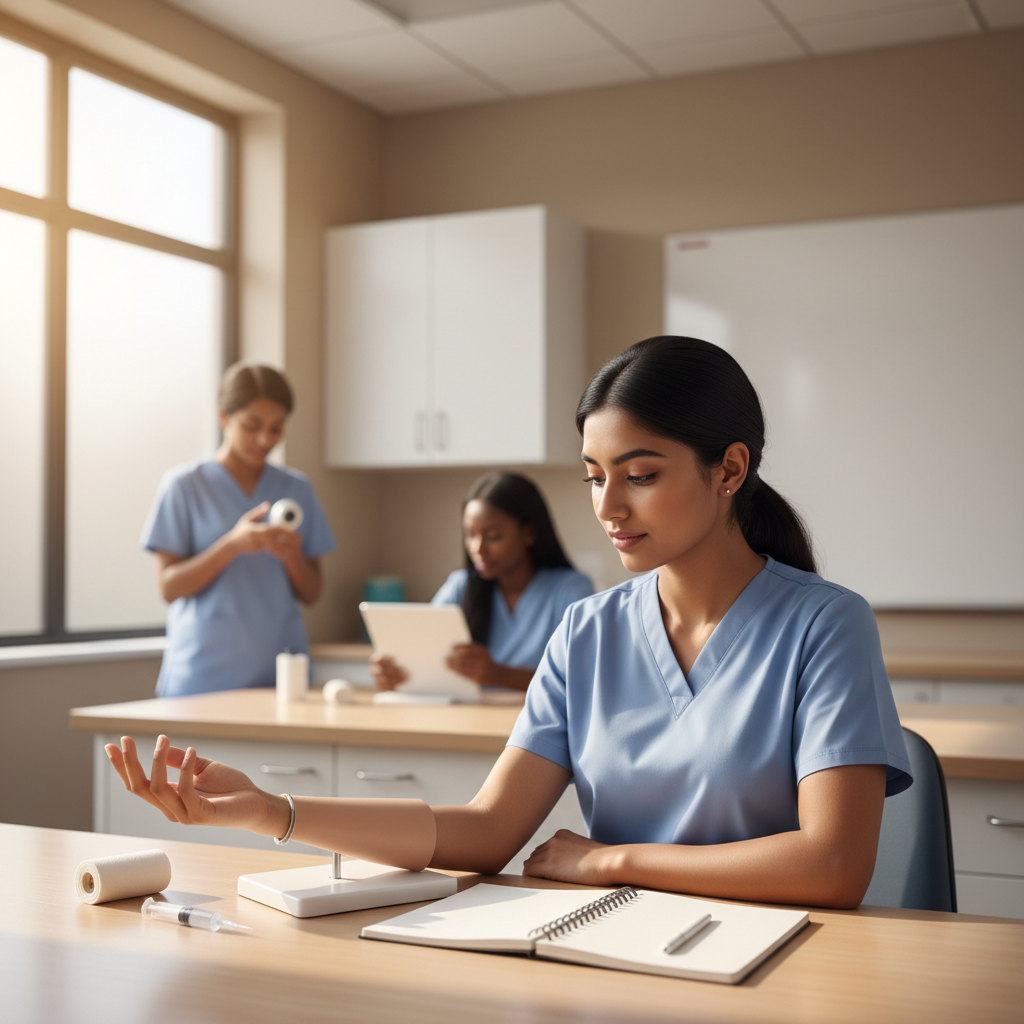 Healthcare learner studying in a bright workspace with blank, unmarked materials related to patient care technician starting salary.