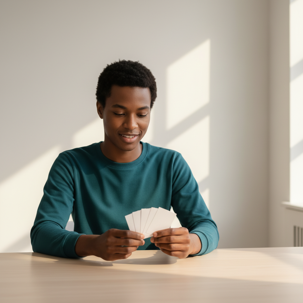 Healthcare learner studying in a bright workspace with blank, unmarked materials related to pharmacy technician certification board exam requirements.