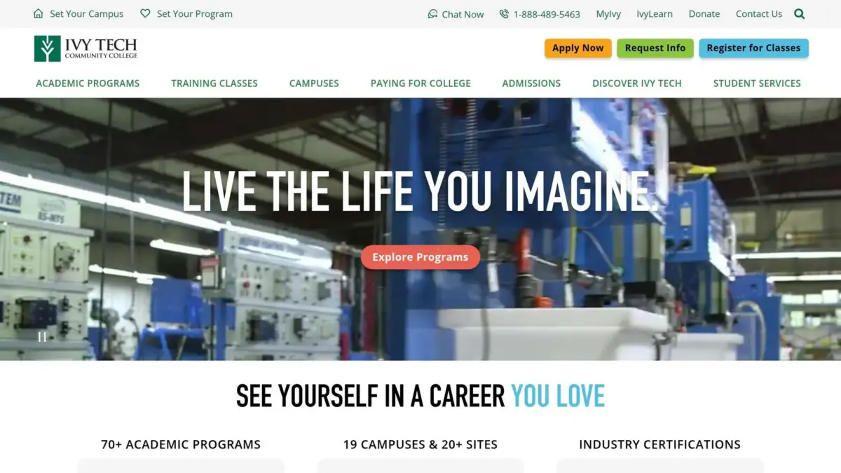 Screenshot of the Ivy Tech website home page