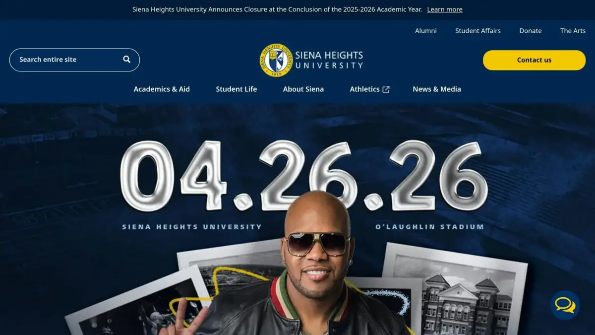 Screenshot of the Siena Heights University website home page