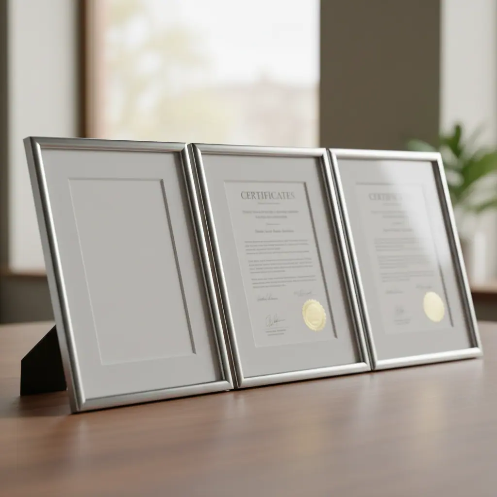 Three empty frames on a table, two holding a certificate and a license