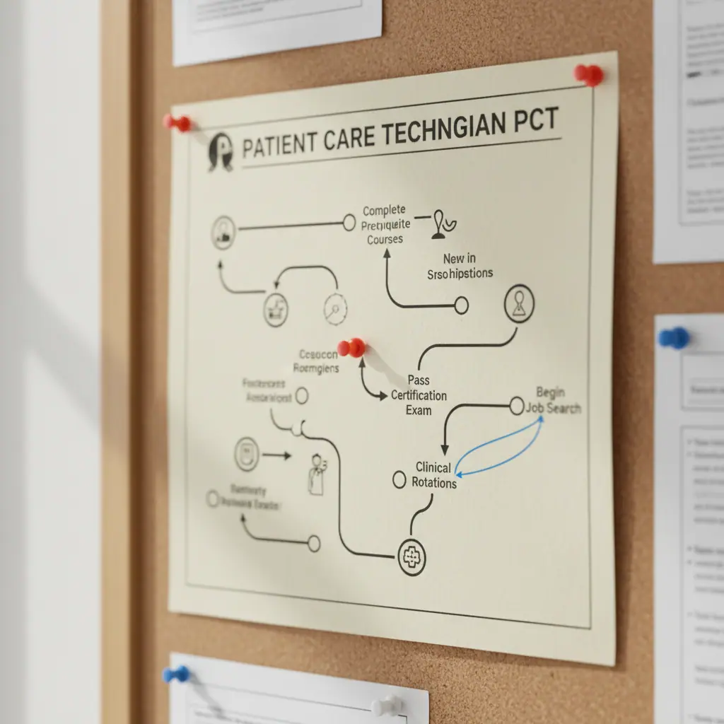 Cork board with a pinned flowchart titled Patient Care Technician PCT showing the steps