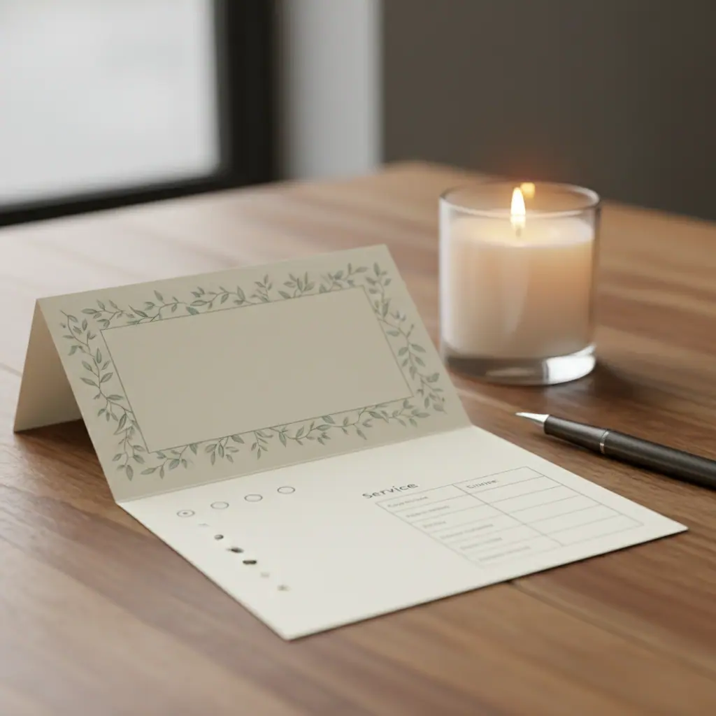 Folded blank invoice card with a candle and a pen on a table
