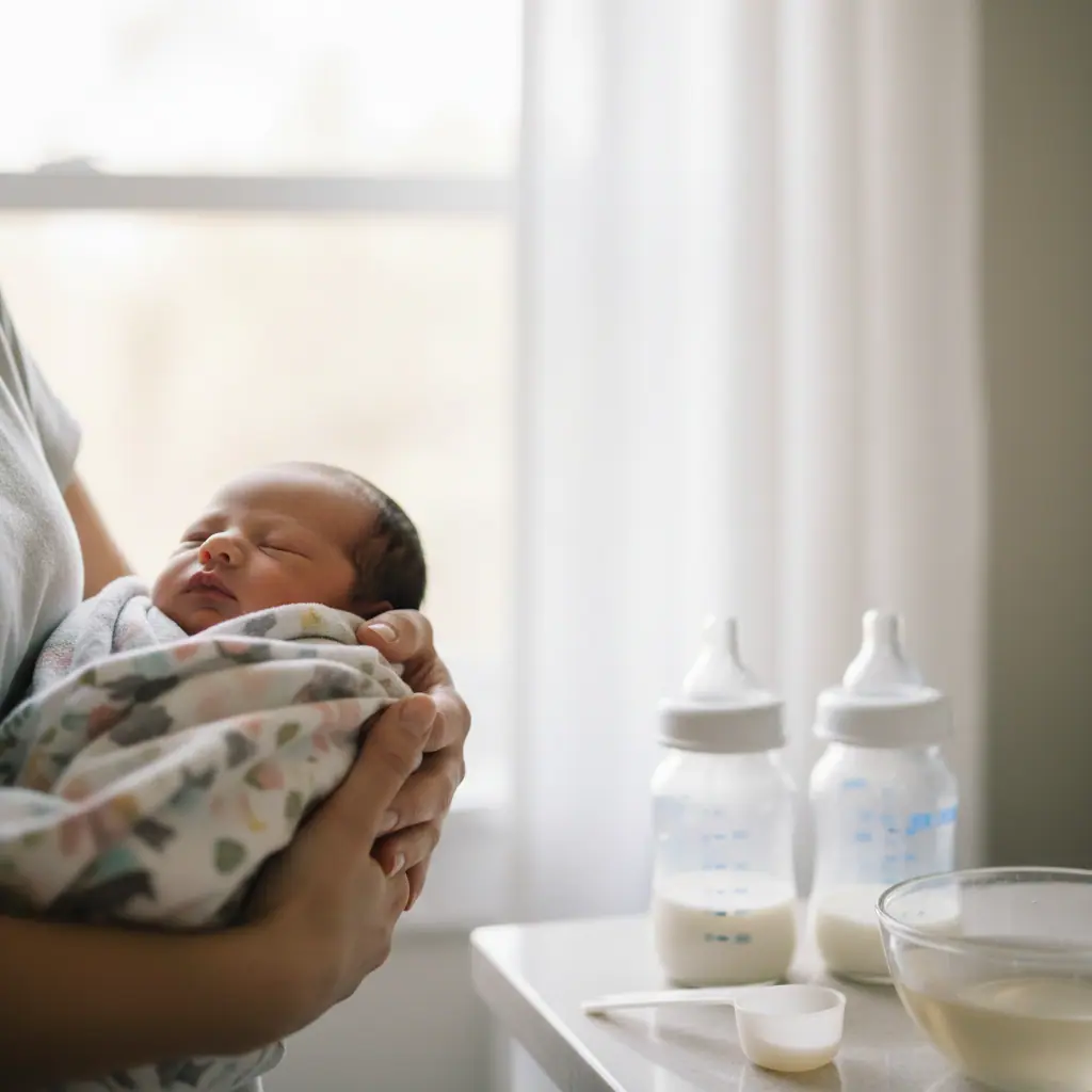 Newborn in an adult's arms beside two baby bottles on a table