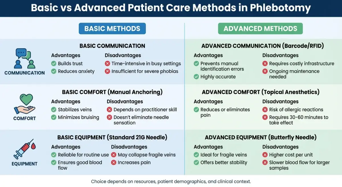 Table of basic and advanced methods in phlebotomy patient care for communication, comfort and equipment, listing the advantages and disadvantages of each