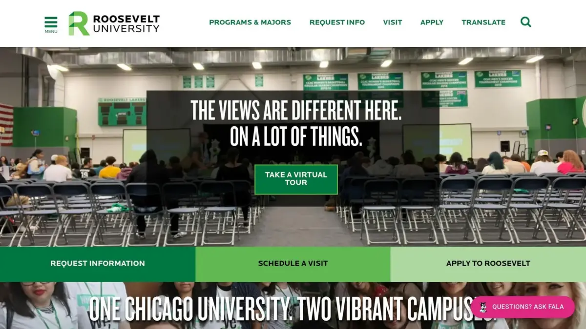 Screenshot of the Roosevelt University website home page