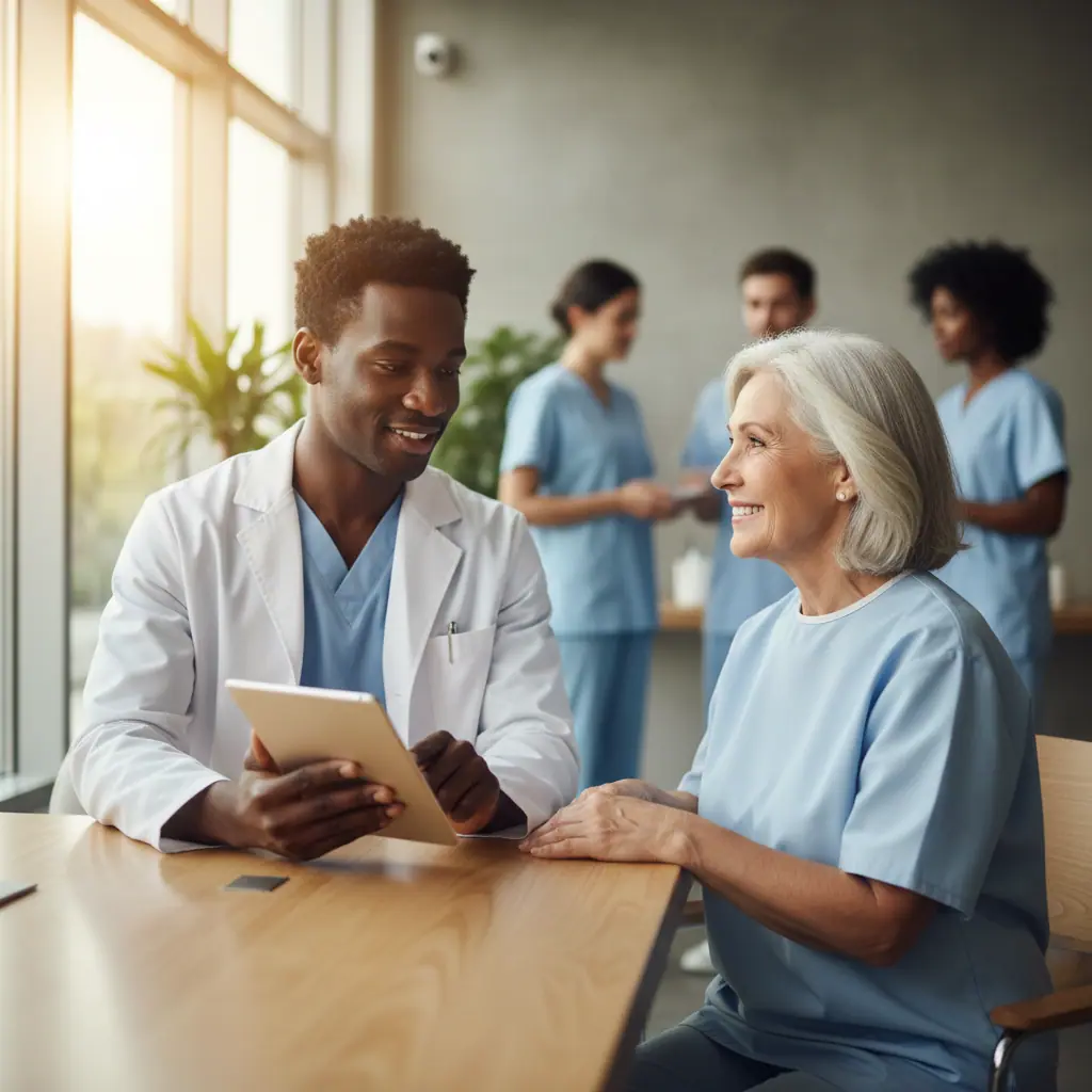 Medical assistant reviewing a tablet with an older patient at a desk in a clinic