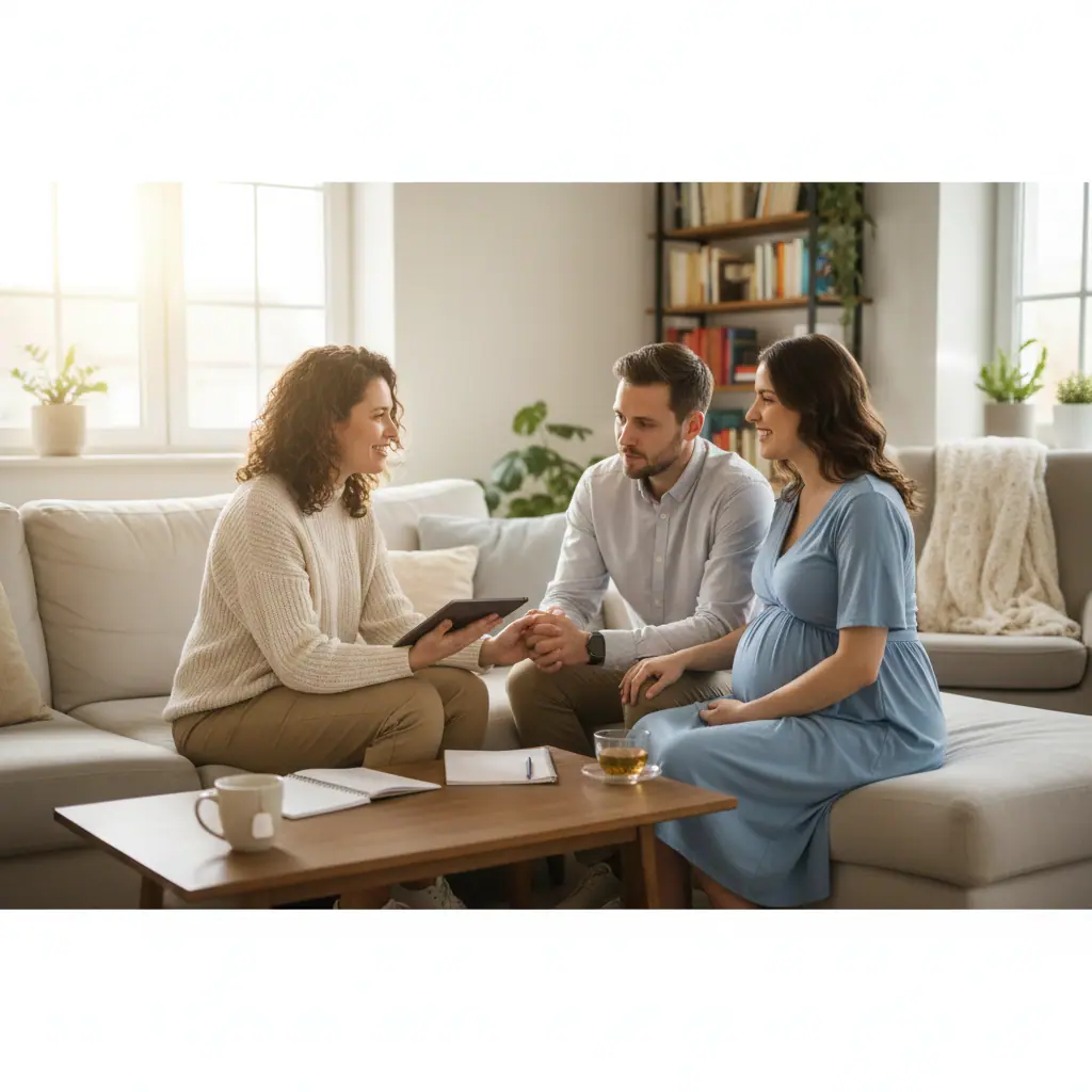 Birth doula meeting with an expectant couple on a sofa in a living room