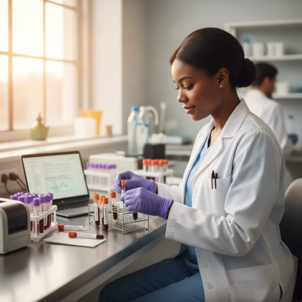 Phlebotomy technician in a lab coat and purple gloves working with blood tubes at a lab bench