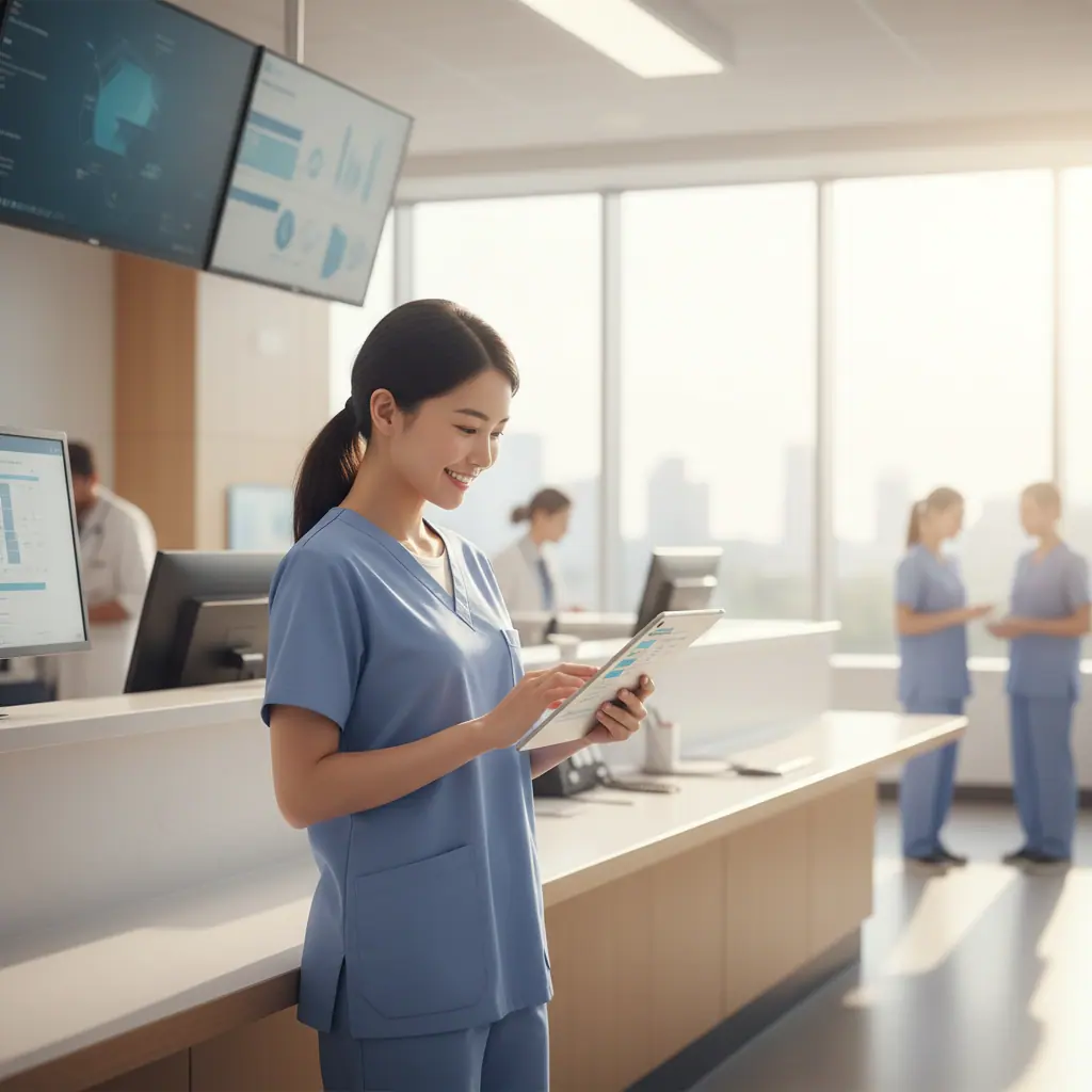 Medical assistant reading a tablet at a clinic front desk