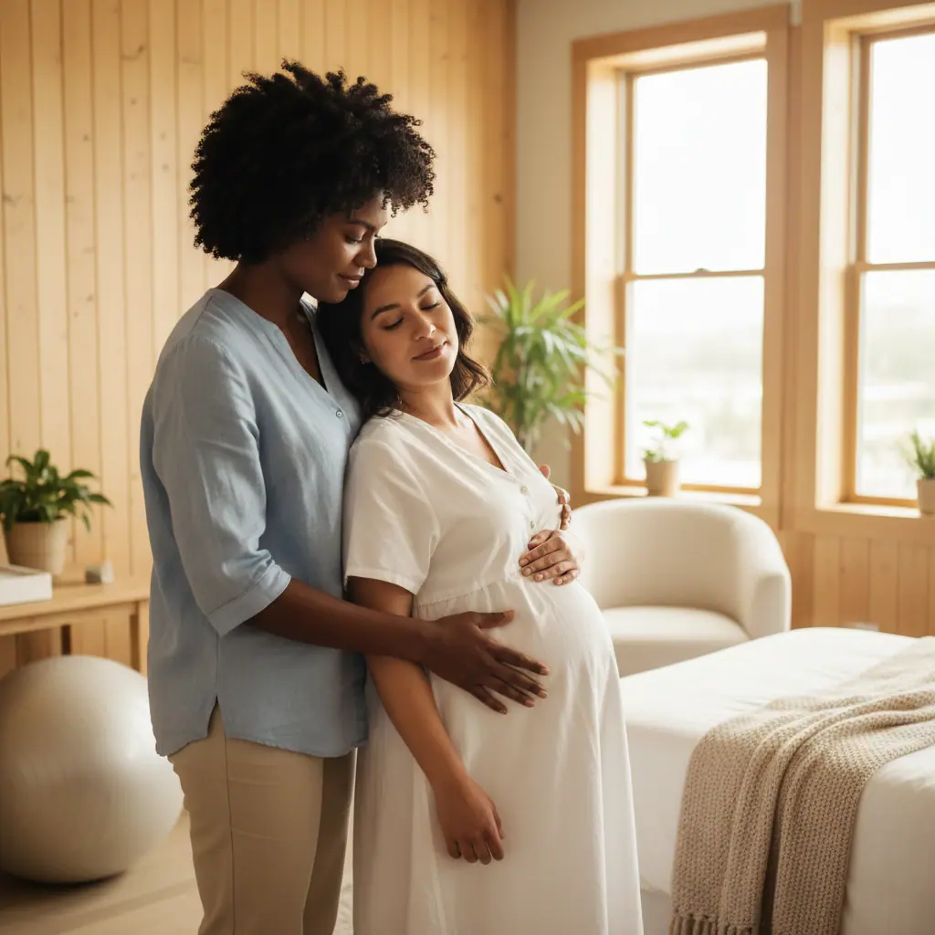 Doula embracing a pregnant woman in a calm bedroom