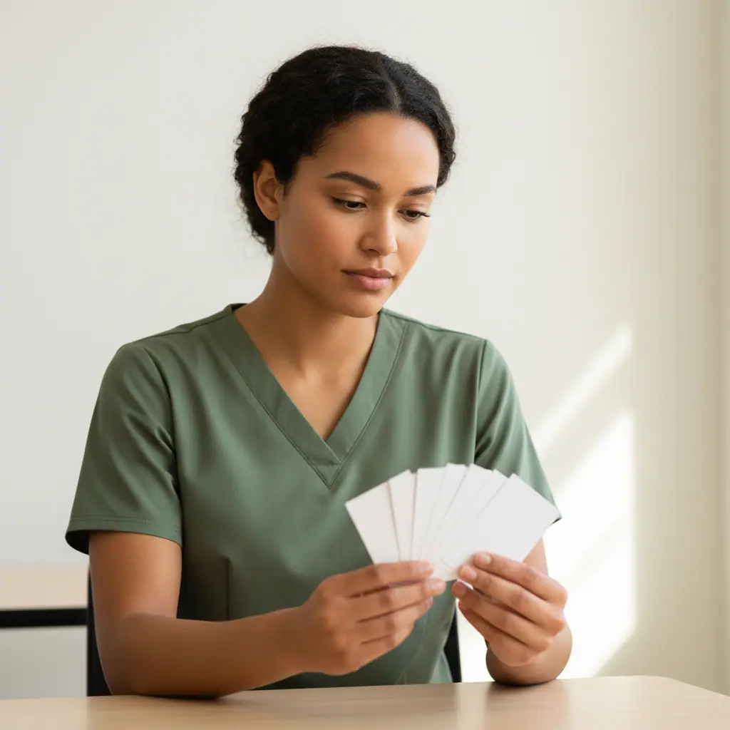 Healthcare learner studying in a bright workspace with blank, unmarked materials related to ccma exam requirements.