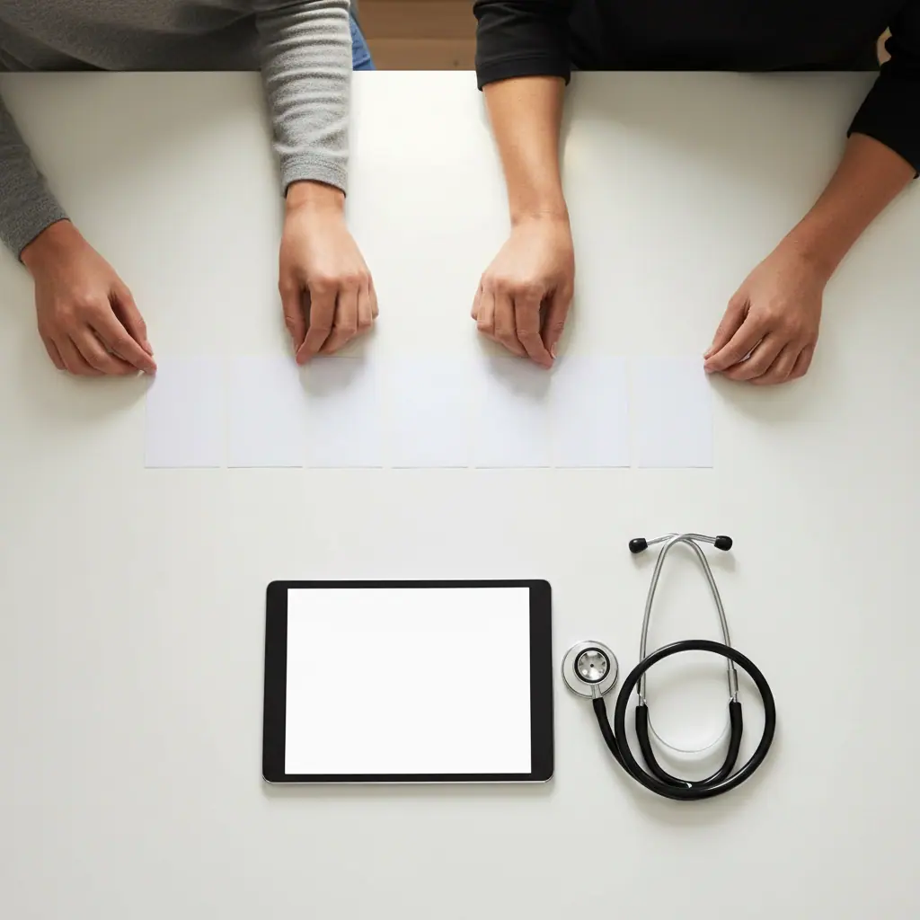Close-up of a healthcare learner using blank, unmarked study materials related to ccma exam requirements.