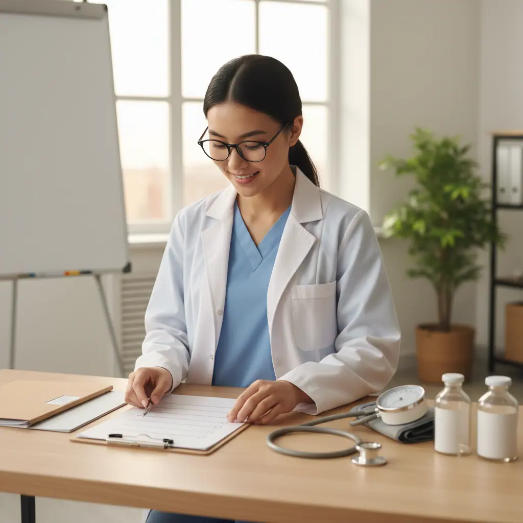 Healthcare learner studying in a bright workspace with blank, unmarked materials related to certified medical assistant certification requirements.