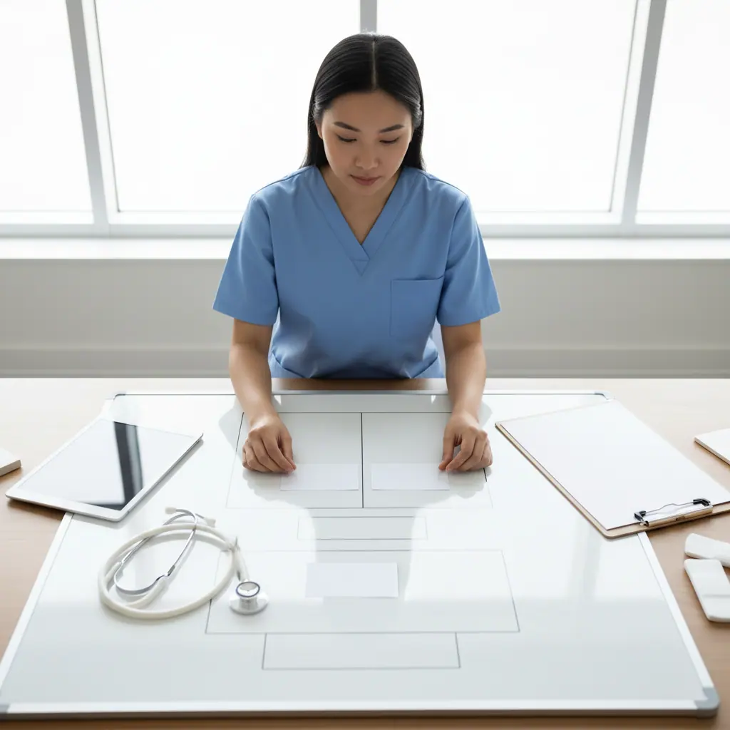 Close-up of a healthcare learner using blank, unmarked study materials related to certified medical assistant certification requirements.