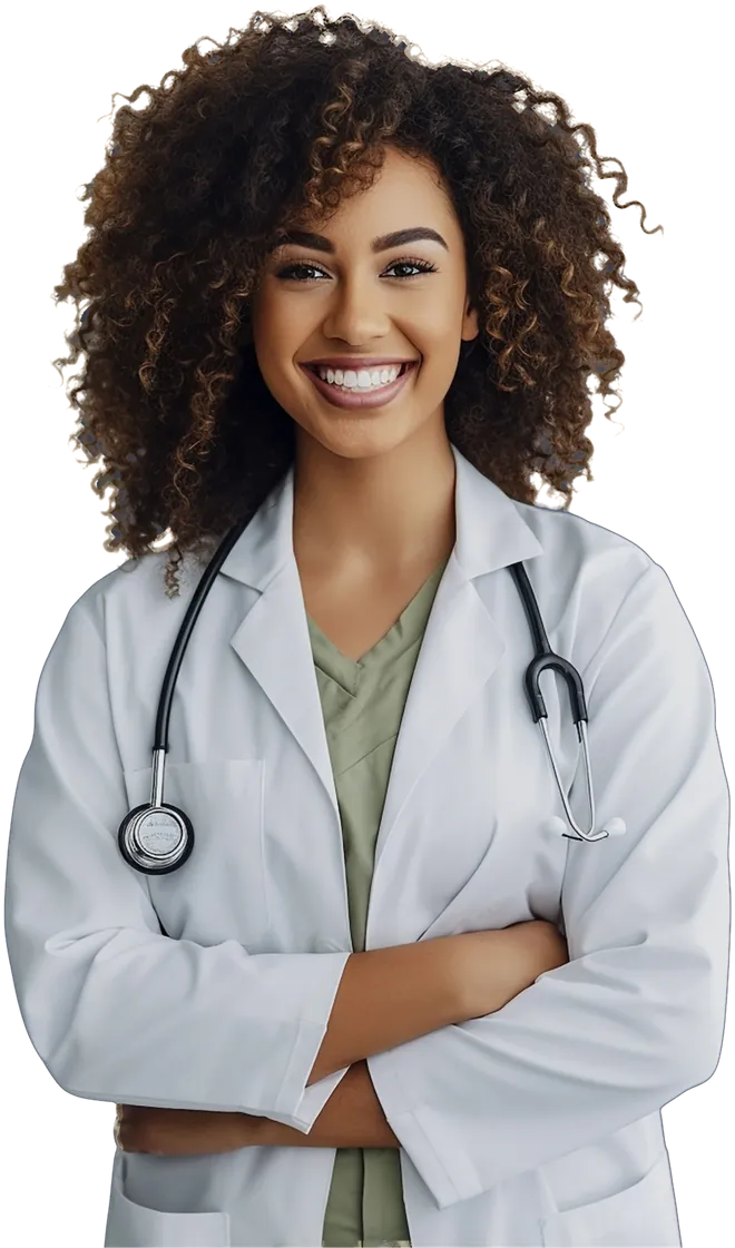 Smiling healthcare professional in a white coat and scrubs with a stethoscope around her neck