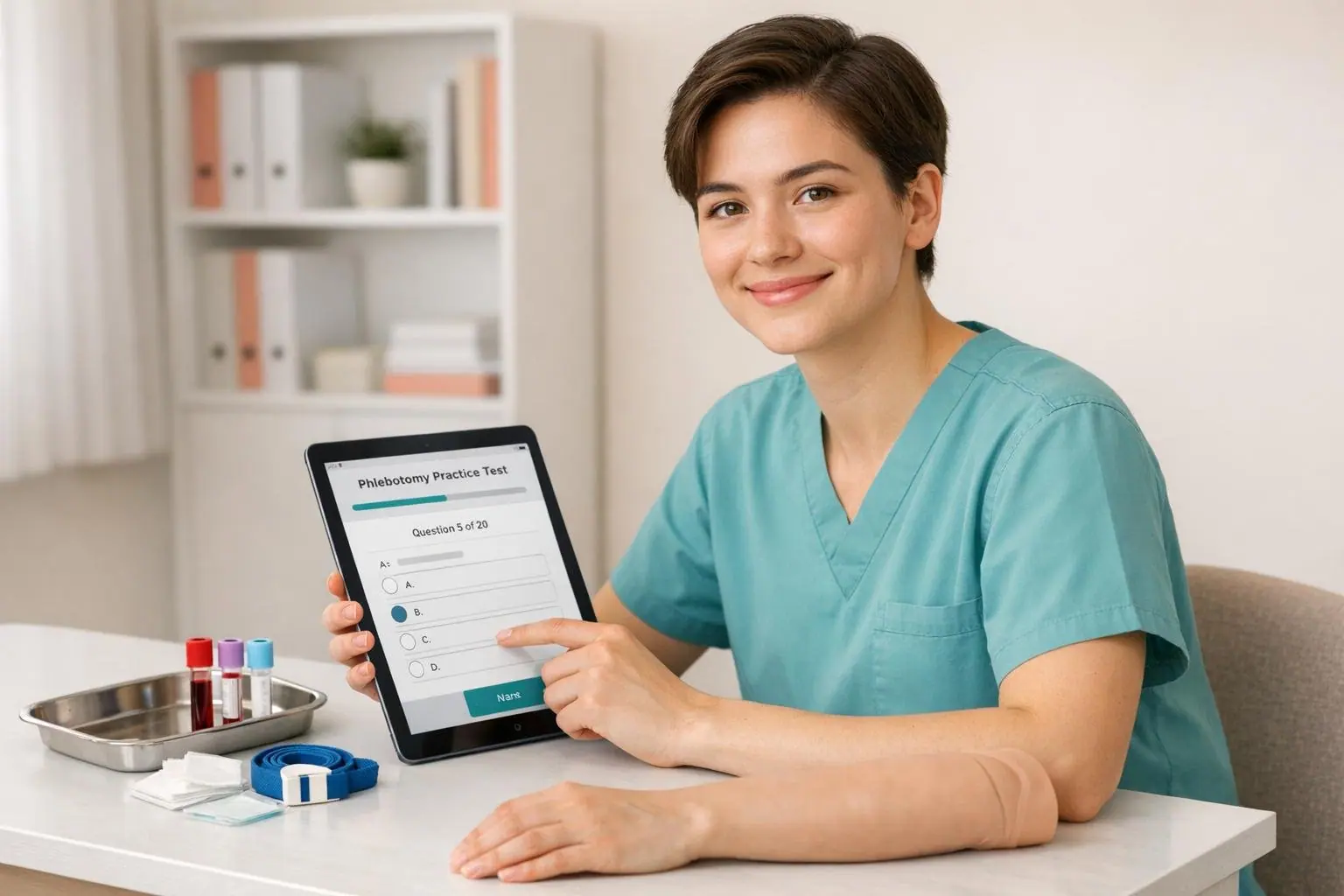 Person in teal scrubs holding a tablet that shows a phlebotomy practice test beside a tray of blood tubes