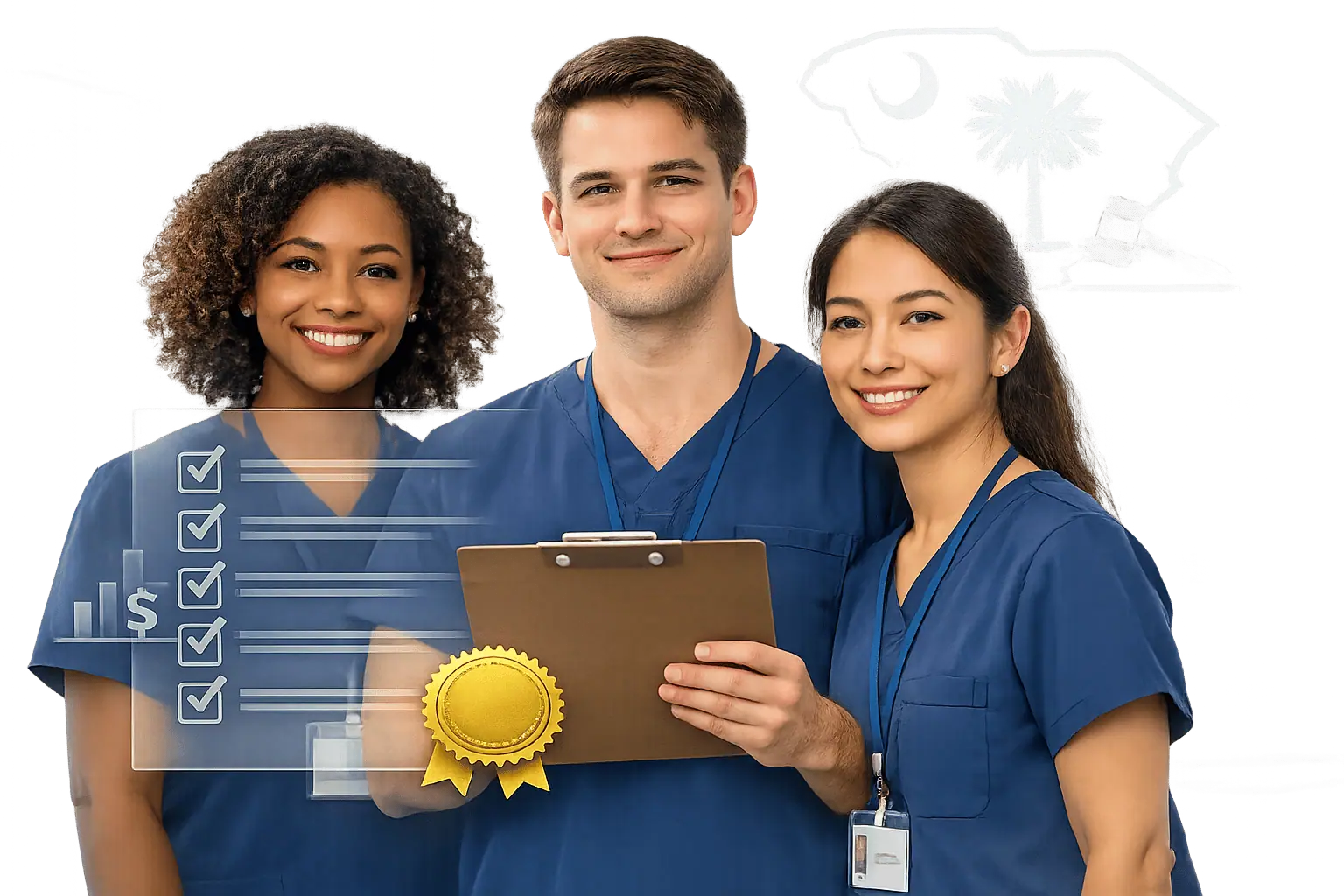 Three medical assistants holding a clipboard with a gold seal, with a state outline behind them