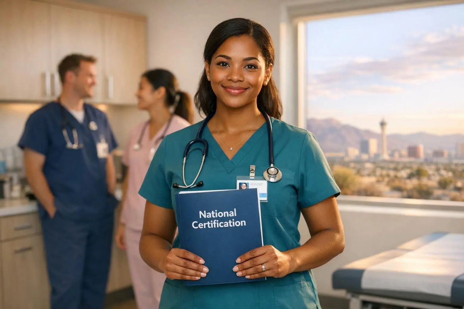 Medical assistant holding a folder labeled National Certification with a desert city skyline behind her