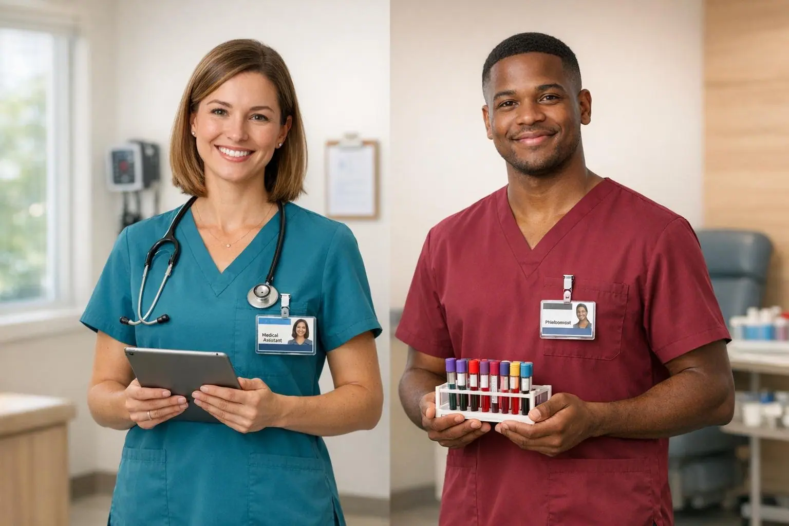 A medical assistant in teal scrubs holding a tablet and a phlebotomist in maroon scrubs holding a rack of colored blood