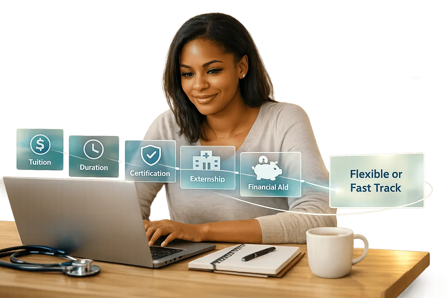 Woman at a laptop with floating labels for tuition, duration, certification, externship