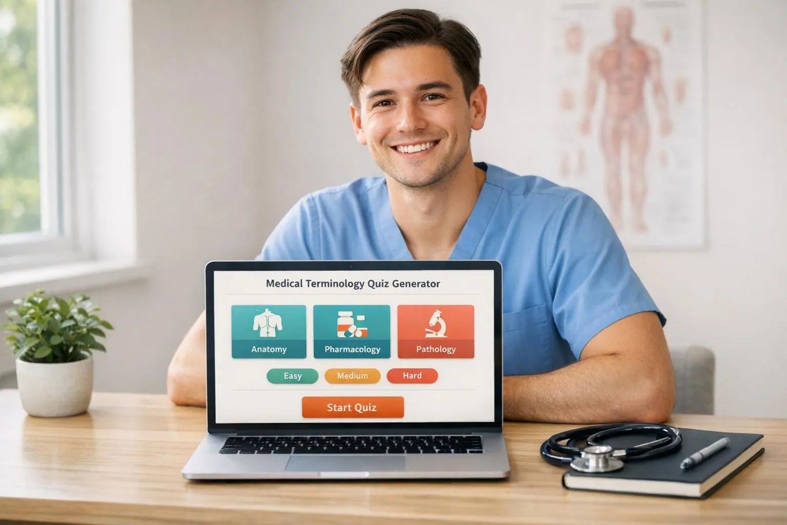 Man in blue scrubs at a laptop showing a Medical Terminology Quiz Generator screen