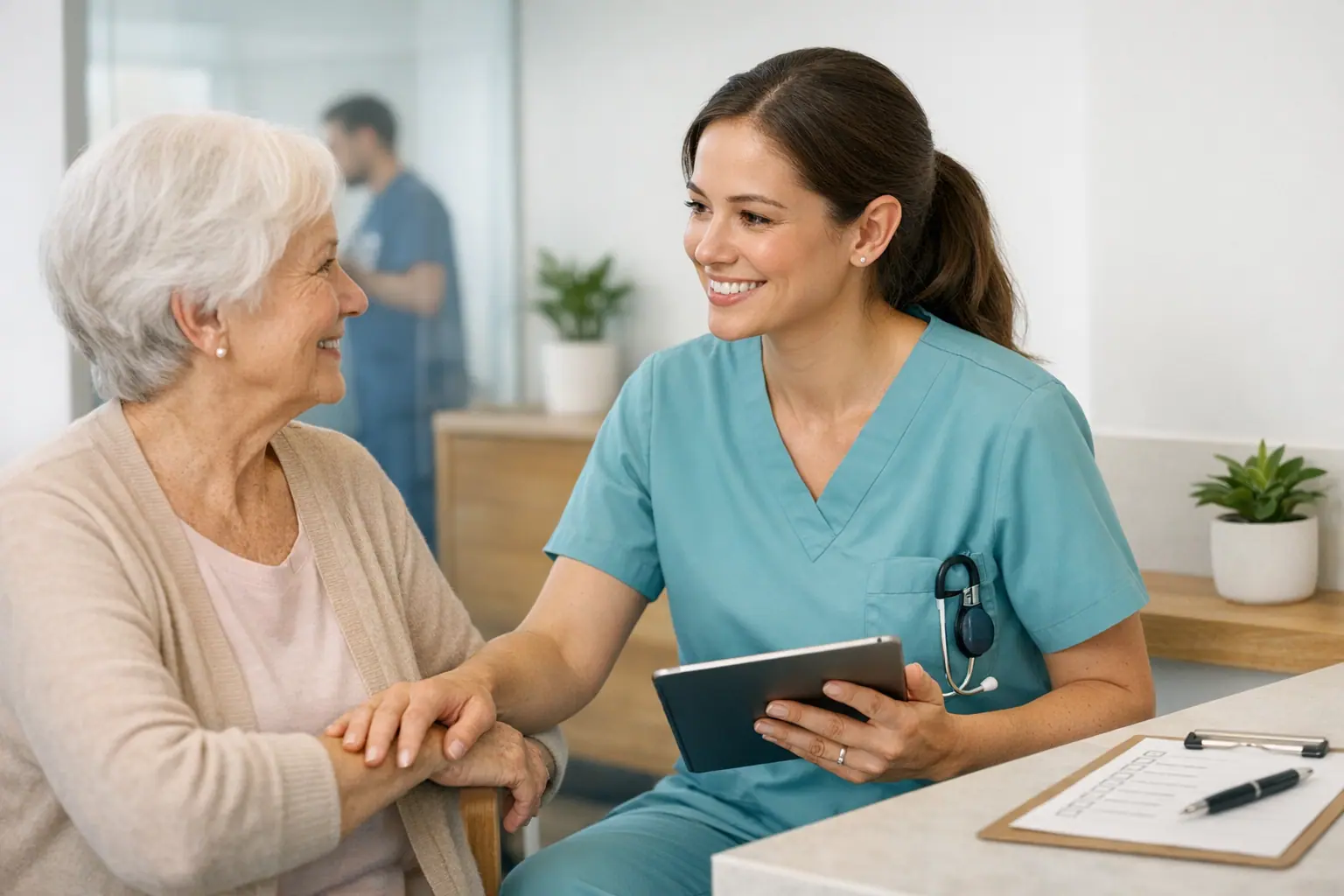 Medical assistant in teal scrubs holding a tablet and talking with an older woman in a clinic