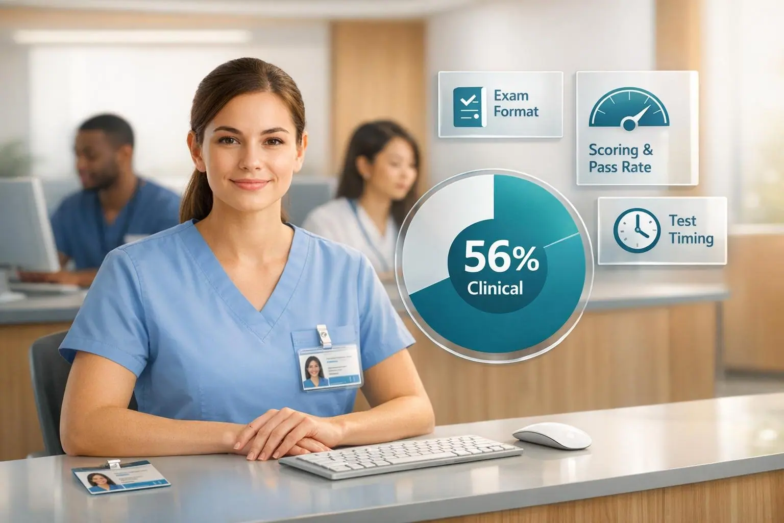 Woman in blue scrubs at a desk beside panels for exam format, scoring, test timing and a 56 percent clinical share