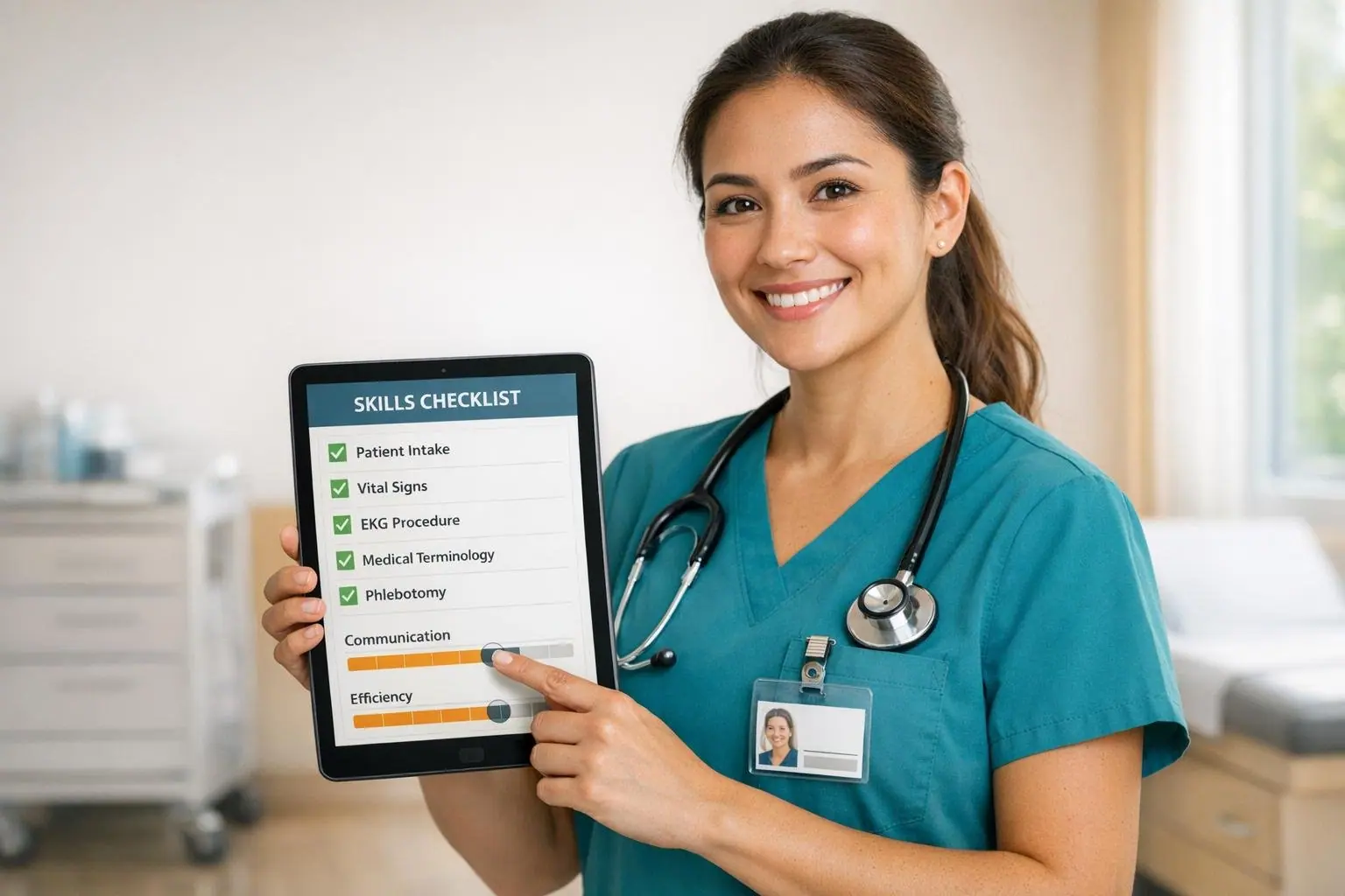 Medical assistant in teal scrubs holding a tablet that shows a Skills Checklist