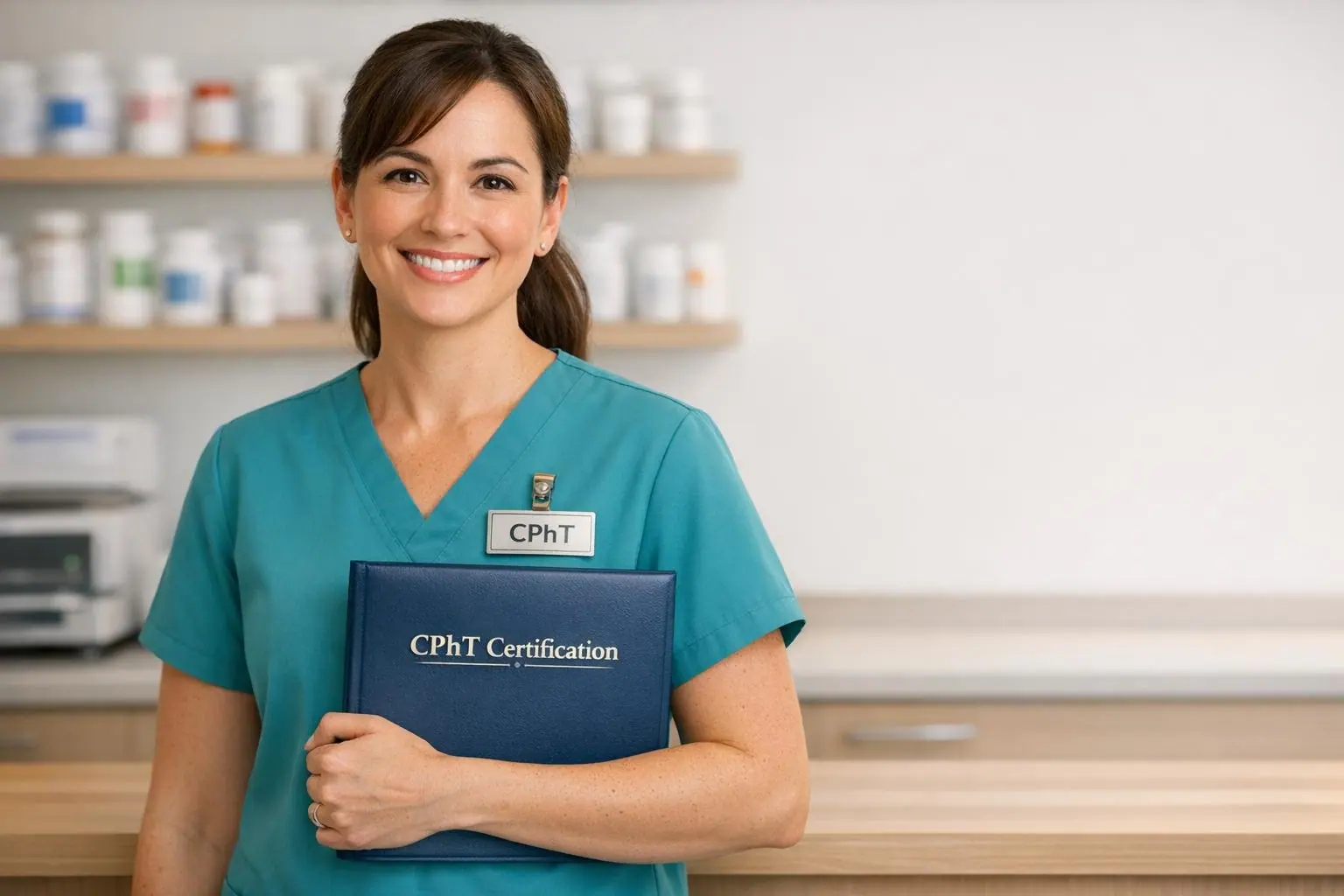 Pharmacy technician in teal scrubs holding a folder labeled CPhT Certification in front of pharmacy shelves