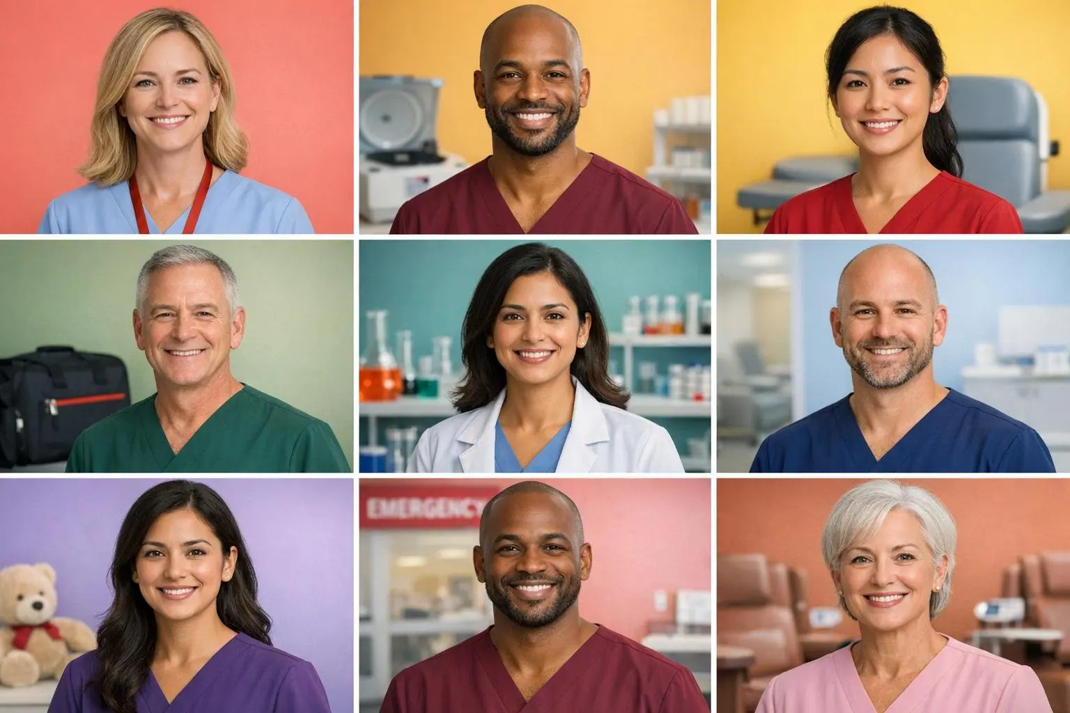 Grid of nine portraits of smiling healthcare workers in different roles and settings