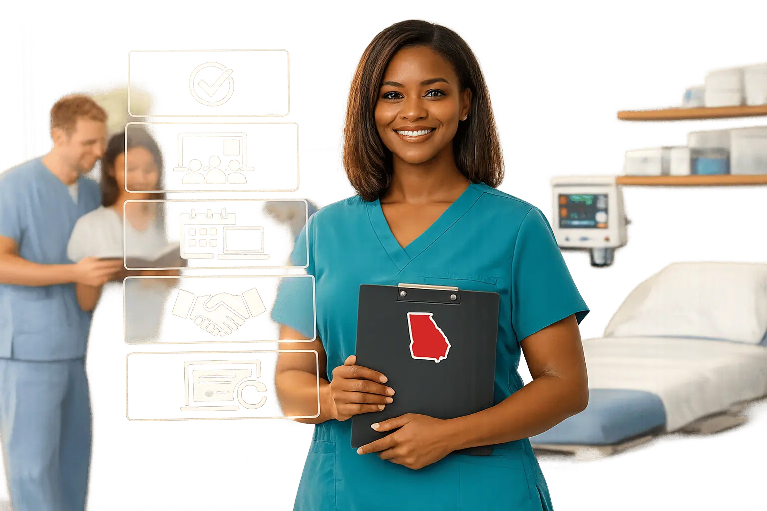 Medical assistant in teal scrubs holding a clipboard marked with the outline of the state of Georgia