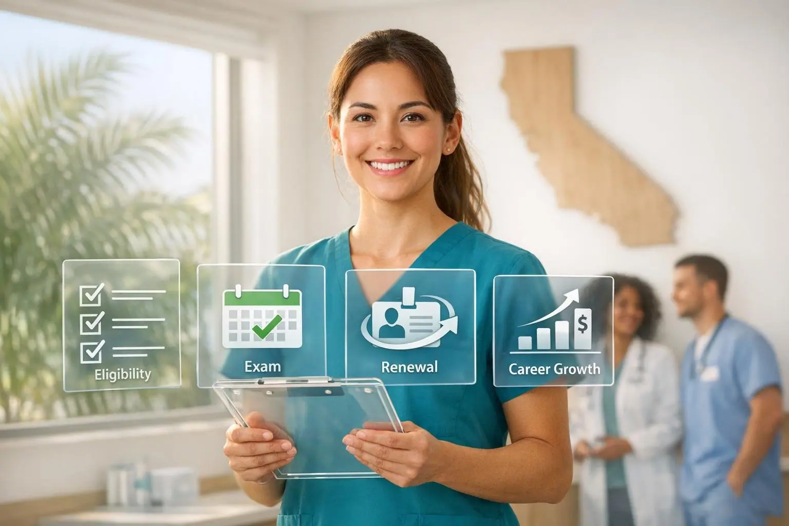 Medical assistant holding glass panels labeled eligibility, exam