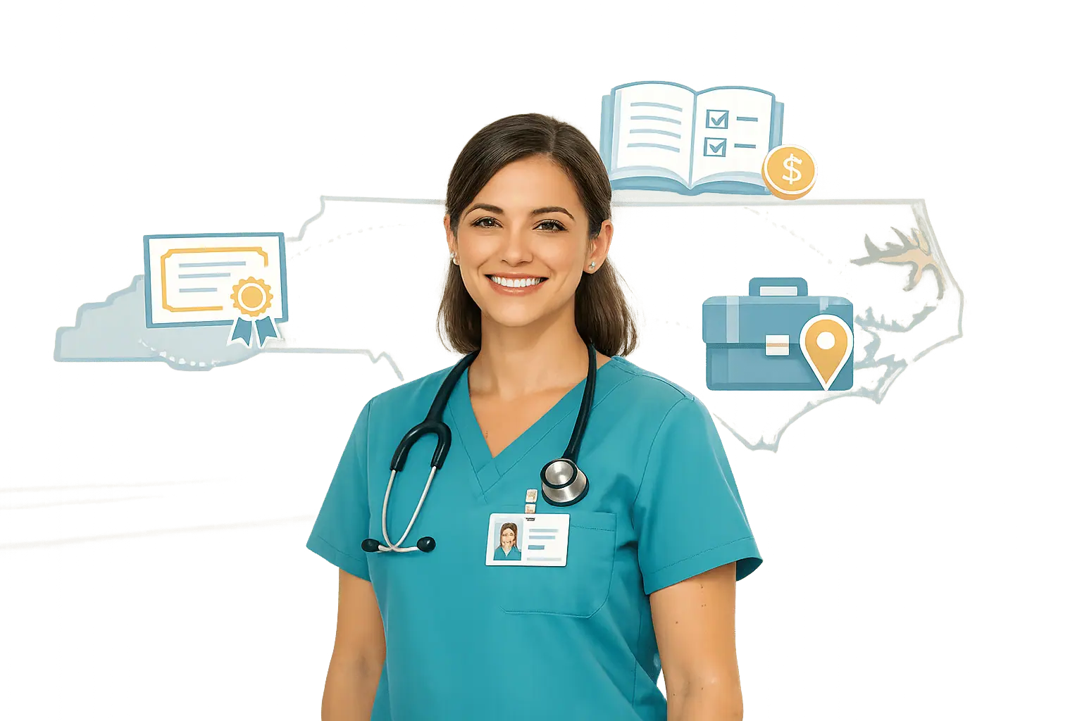 Medical assistant in teal scrubs in front of a state outline with certificate, book and briefcase icons