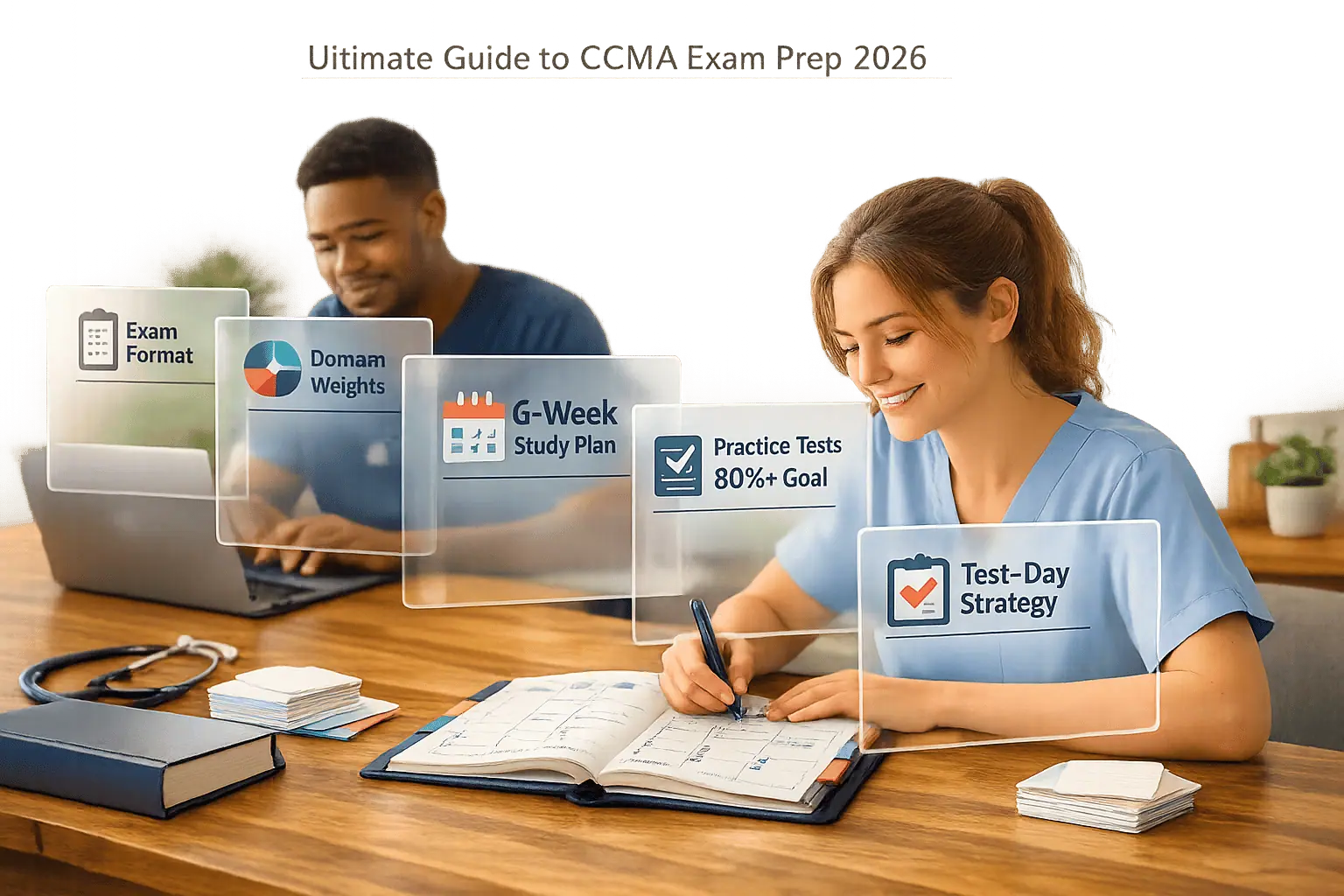 Two students at a desk with panels for exam format, domain weights, a six-week study plan