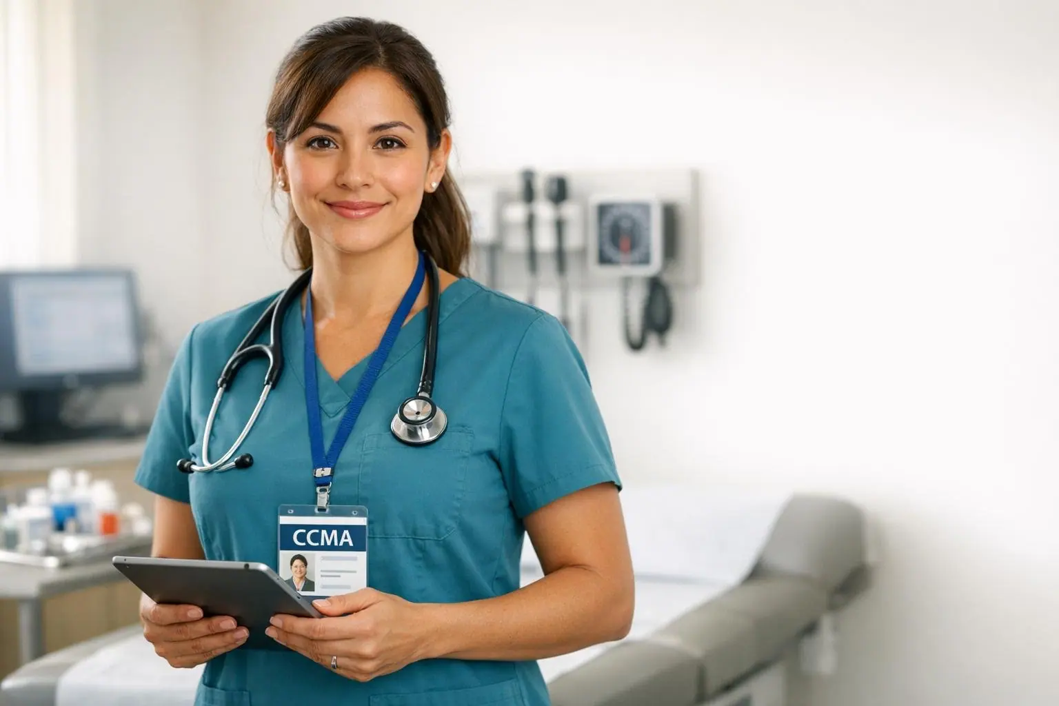 Medical assistant wearing a CCMA badge holding a tablet in an exam room