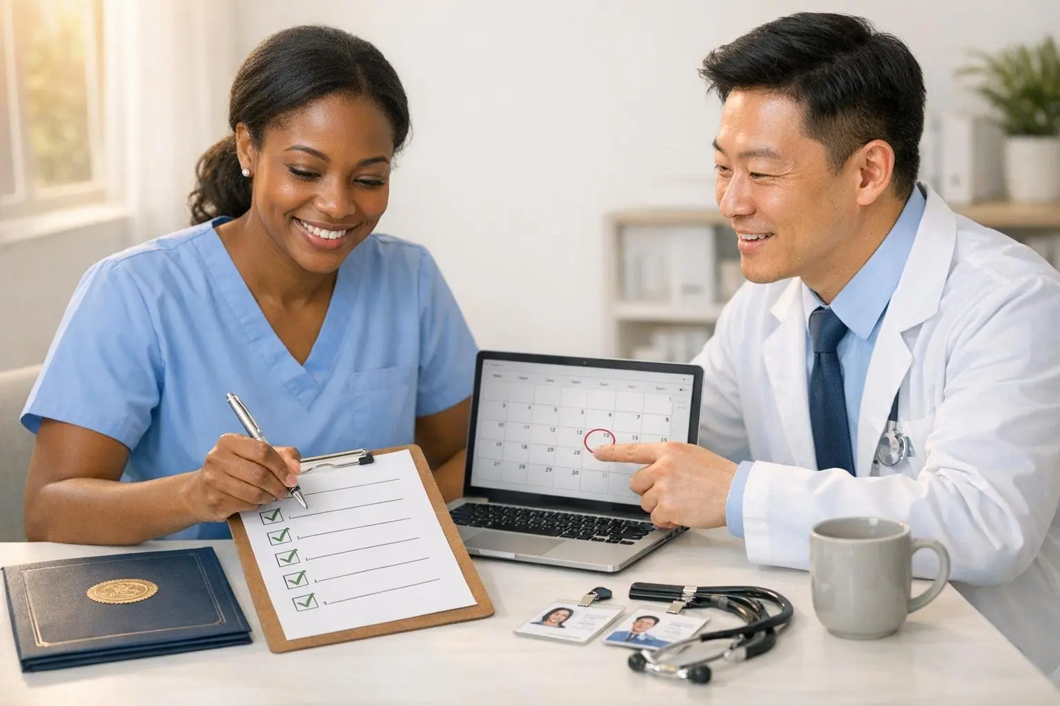 Two colleagues reviewing a renewal checklist on a clipboard and a calendar on a laptop