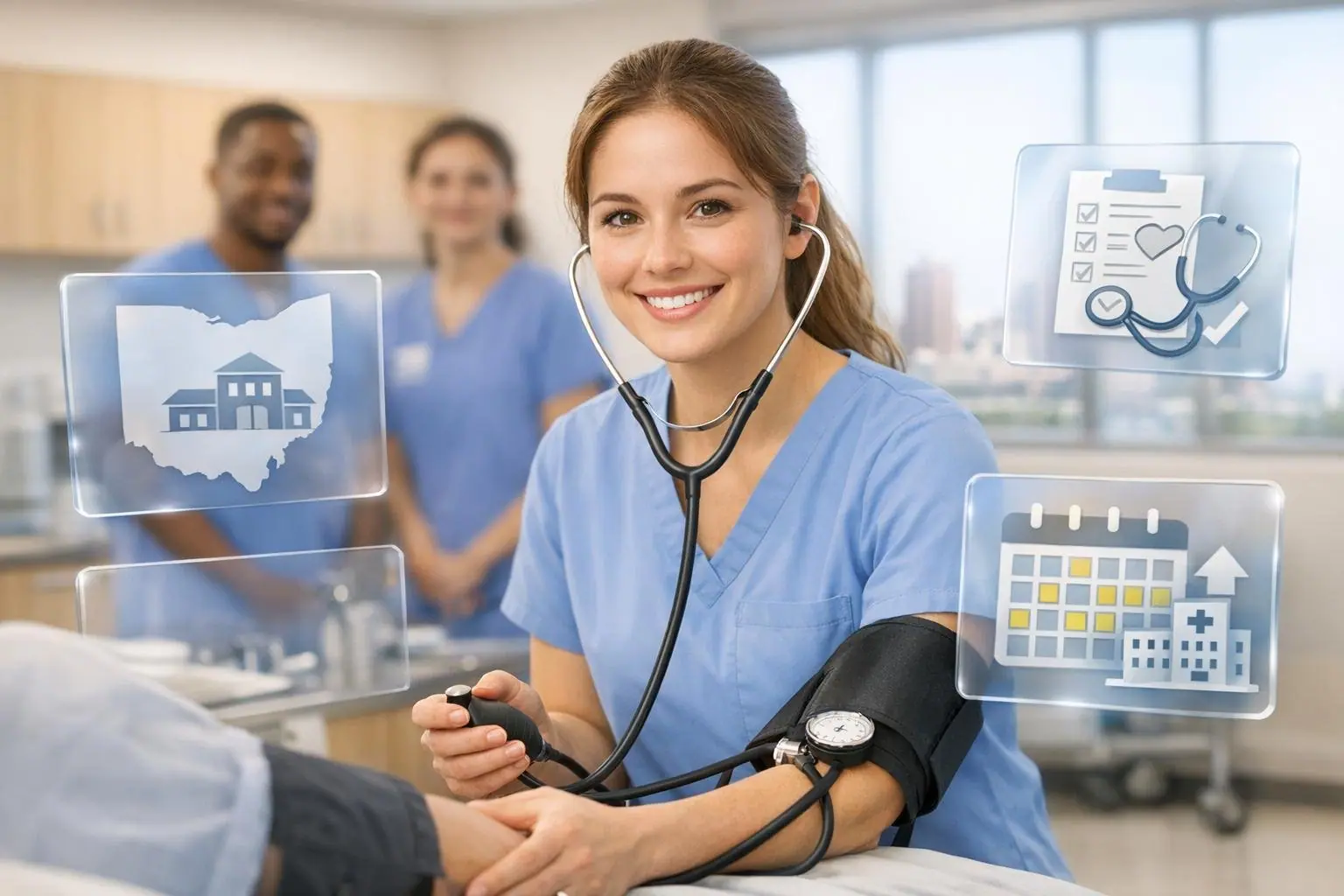 Medical assistant in blue scrubs taking a patient's blood pressure