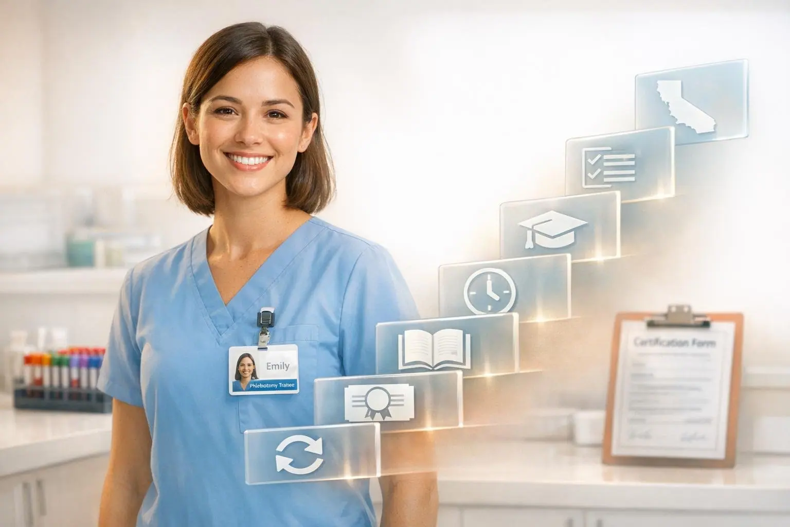 Woman in blue scrubs beside floating step icons that rise toward a certificate on a clipboard