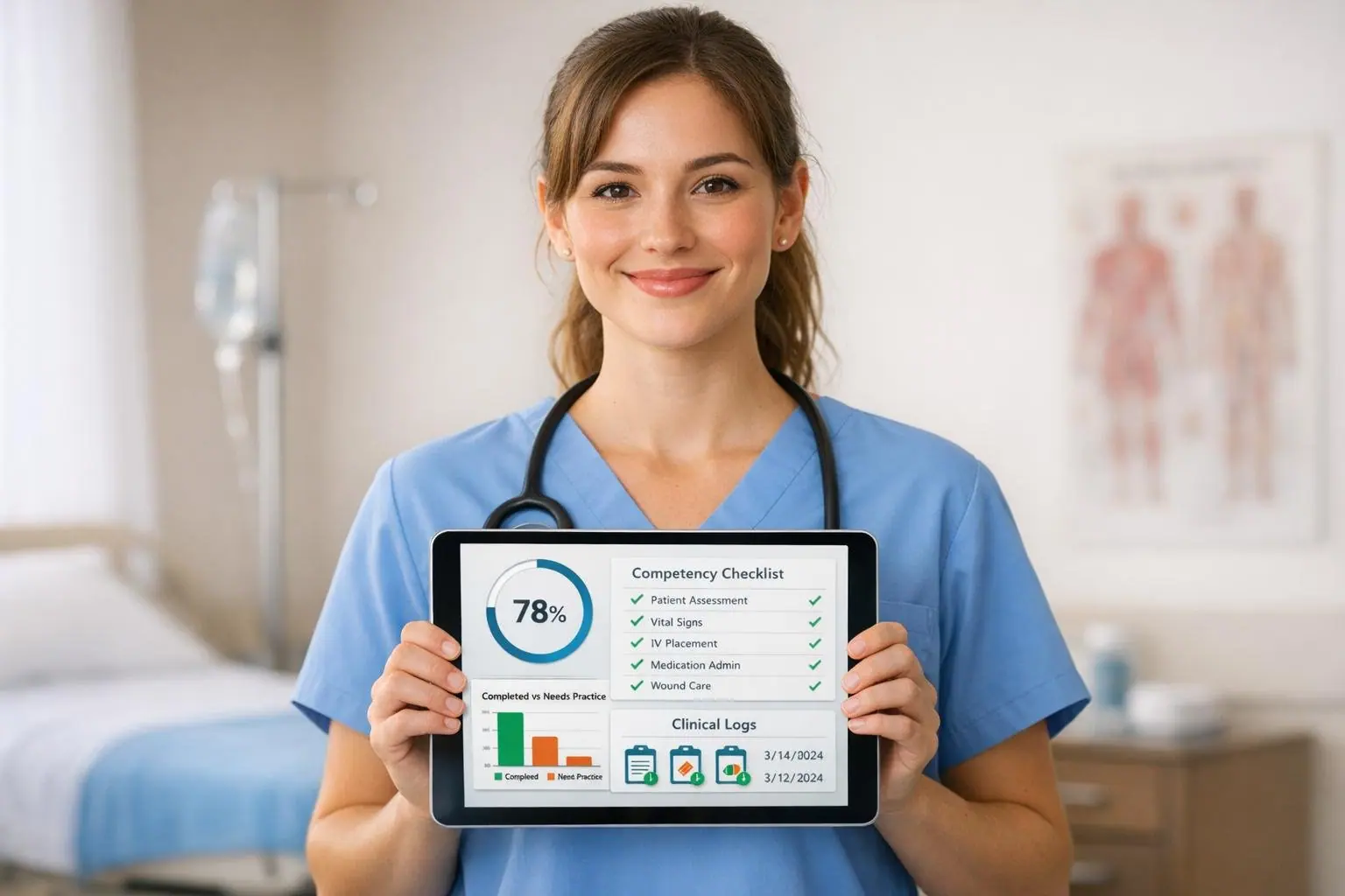 Woman in blue scrubs holding a tablet that shows a 78 percent progress ring and a competency checklist
