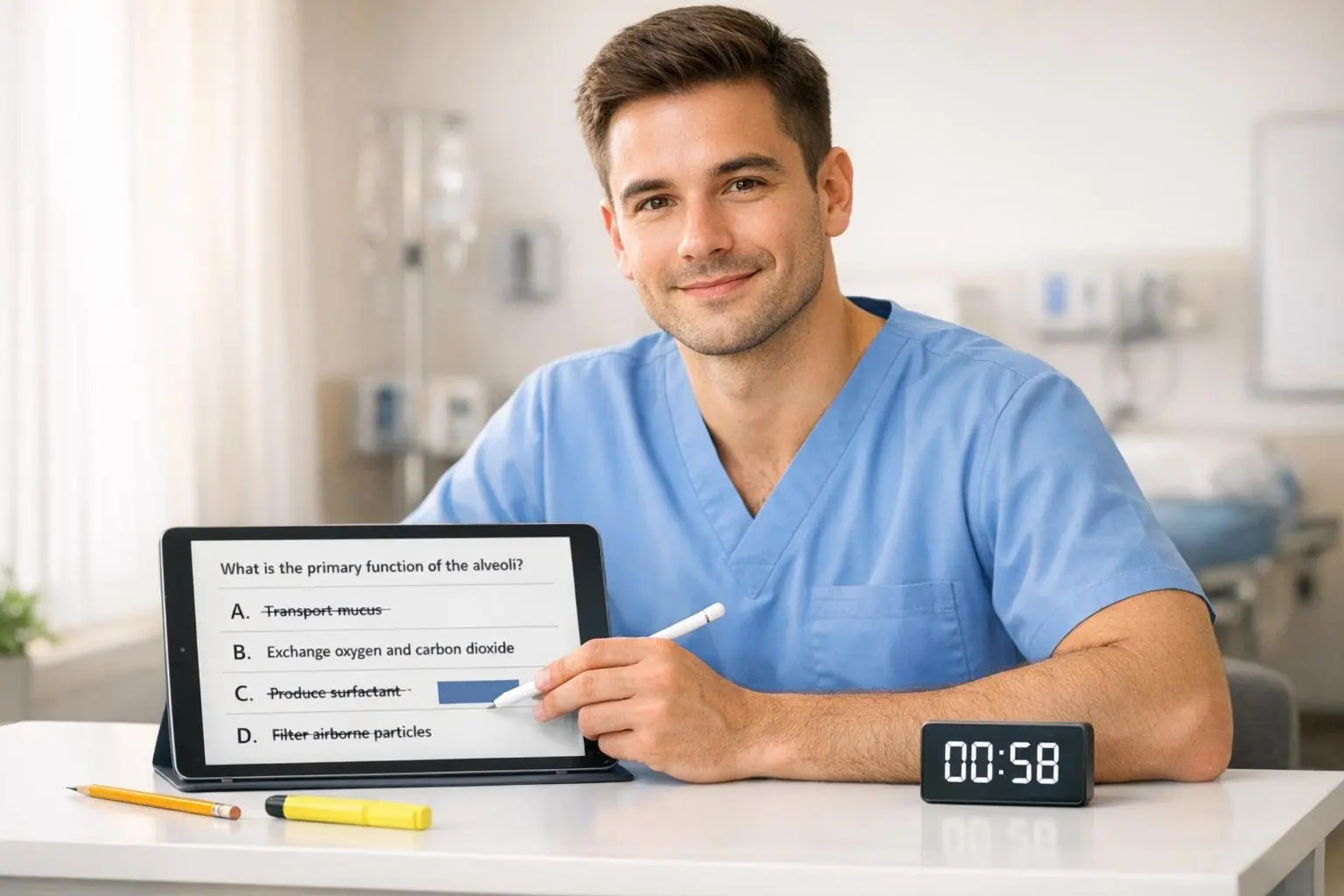 Man in blue scrubs at a desk with a tablet showing a multiple-choice question and a timer reading 00:58