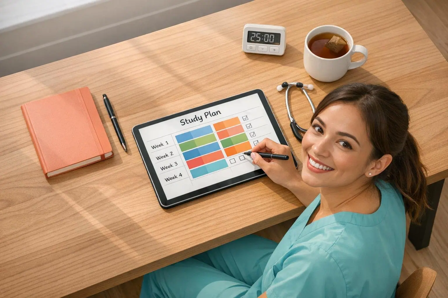 Woman in teal scrubs at a desk marking a weekly Study Plan on a tablet beside a notebook and a cup of tea