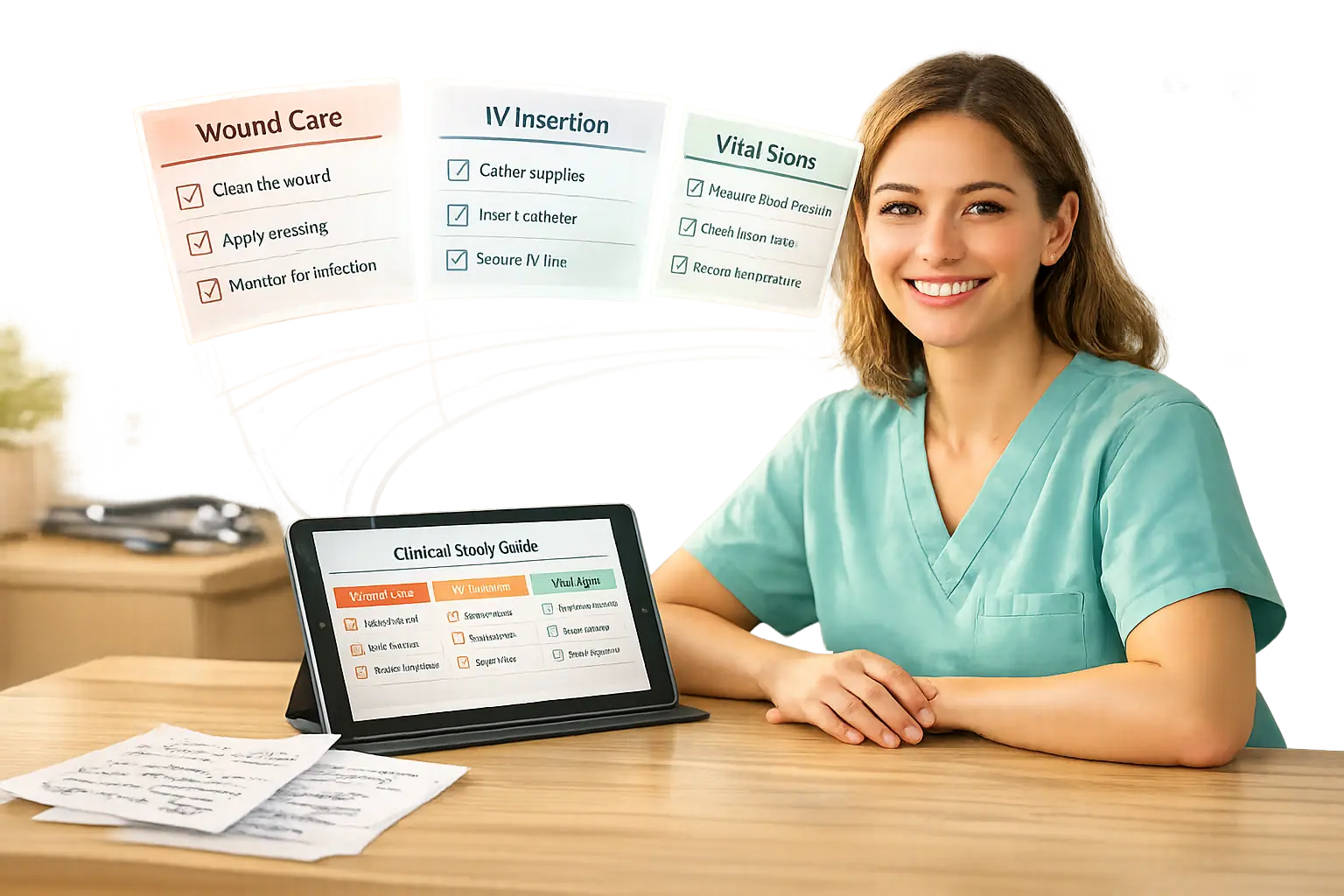 Woman in mint scrubs at a desk with a tablet titled Clinical Study Guide and cards for wound care