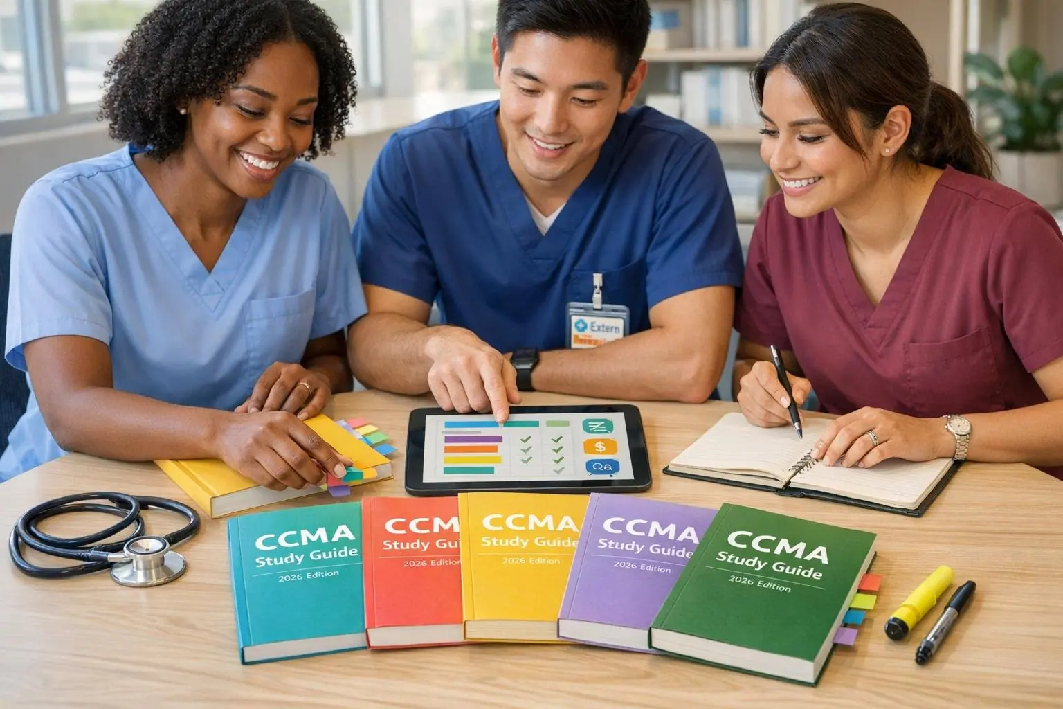 Three students at a table with colorful CCMA Study Guide books, a tablet and notebooks