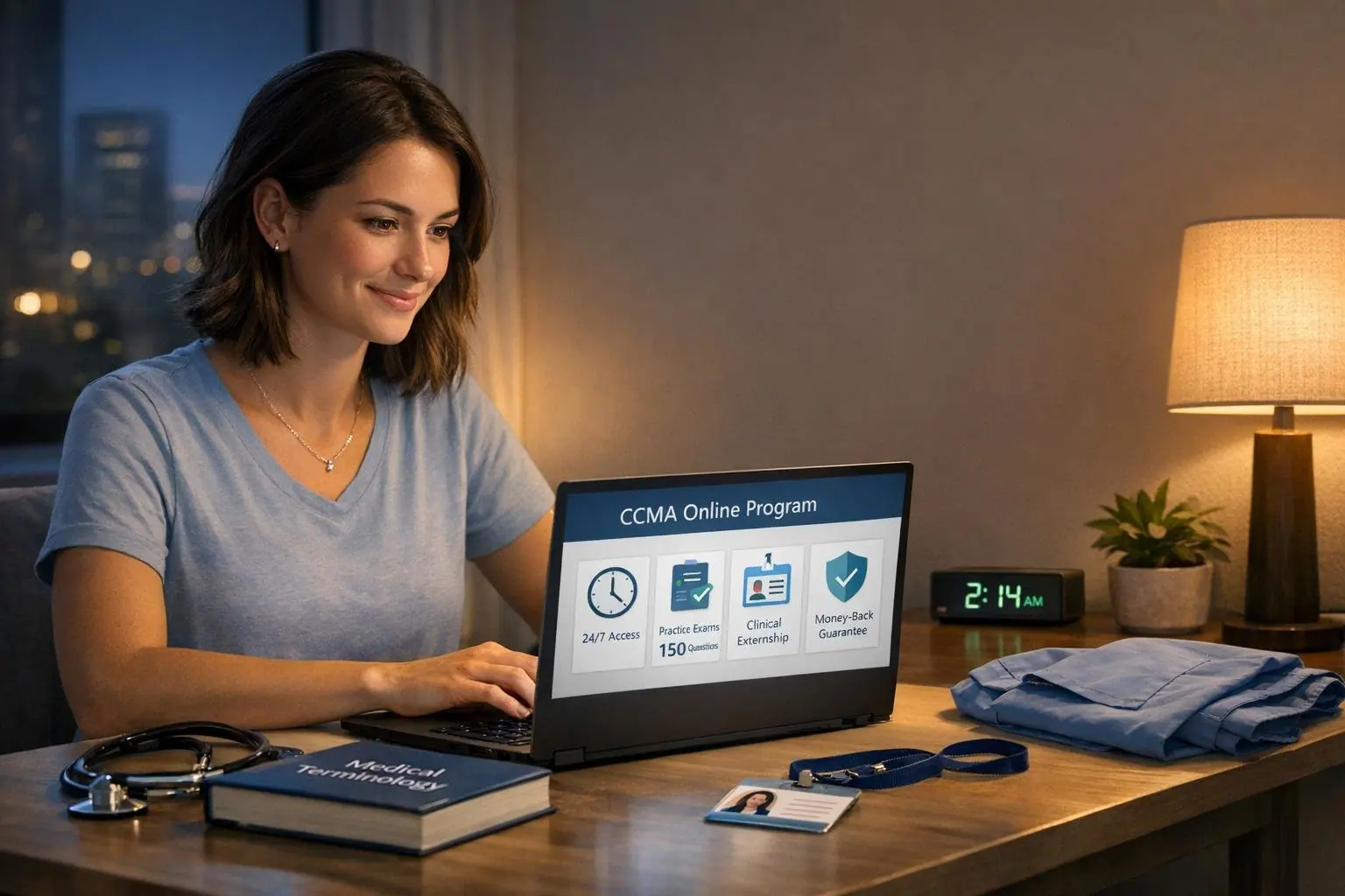 Woman at a laptop in the evening showing a CCMA Online Program screen, with a stethoscope and a textbook on the desk